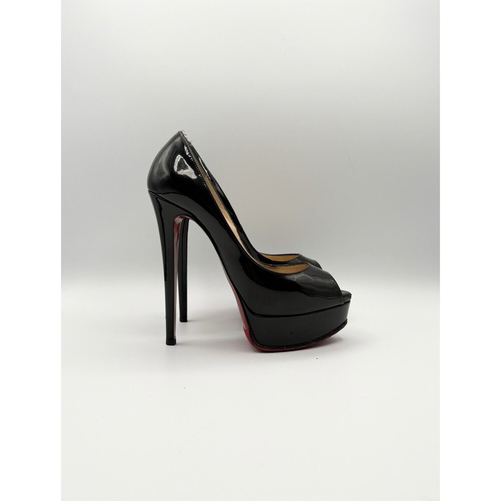 Christian Louboutin Black Patent Leather Platform Peep-Toe Pumps with Red Sole